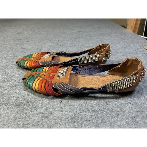 Rainbow Authentic MAYA Mexican Huaraches Leather Sandals Boho Rhinestone 9.5/10 - Picture 9 of 11